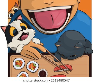 Illustration of a boy eating Sushi With Cats