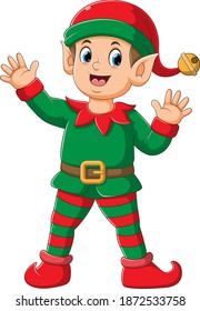 The illustration of the boy elfs using the Santa clause clown costume standing with the happy face