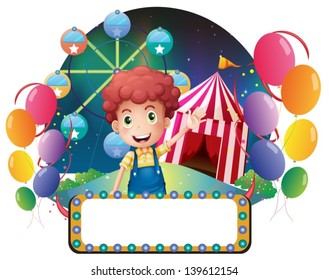 Illustration of a boy with an empty signage in front of a carnival on a white background