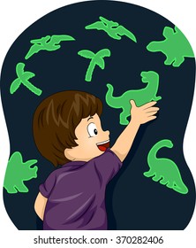 Illustration of a Boy Enjoying the Glow in the Dark Dinosaurs figures