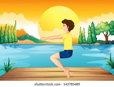 Illustration of a boy exercising near the deep river