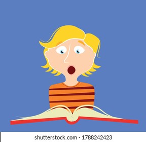 Illustration of a boy with expression of amazement looking at the content of a book