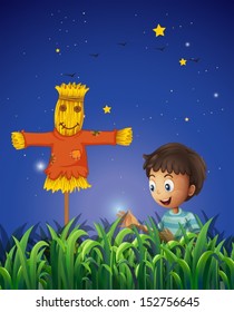 Illustration of a boy at the farm with a scarecrow
