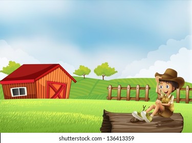 Illustration of a boy at the farm sitting in the wood with a wooden house