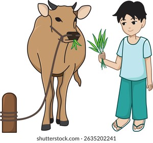 Illustration of Boy Feeding Grass to a Cow