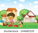 Illustration of a boy feeding his puppies