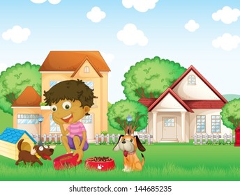 Illustration of a boy feeding his puppies