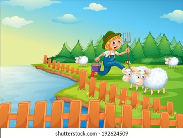 Illustration of a boy feeding the sheep