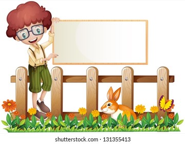 Illustration of a boy at the fence holding an empty board on a white background