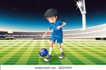 Illustration of a boy at the field using the ball with the flag of Australia