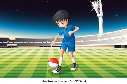 Illustration of a boy at the field using the ball with the flag of Singapore