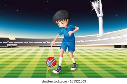 Ilustración de un niño en el campo usando la bola con la bandera de Noruega