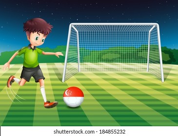 Ilustración de un niño en el campo usando la pelota con la bandera de Singapur