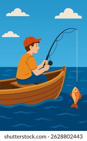 Illustration of a boy fishing from boat and catching fish.