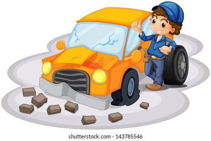 Illustration of a boy fixing a broken orange car on a white background