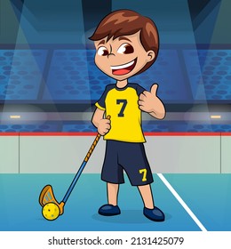 illustration boy floorball player with floorball stick and ball. Vector illustration