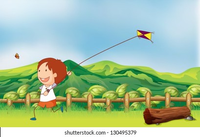 Illustration of a boy flying his kite at the bridge