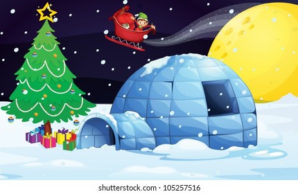 illustration of a boy flying in sleigh in christmas night