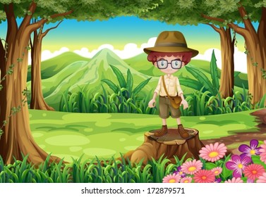 Illustration of a boy at the forest standing above the stump