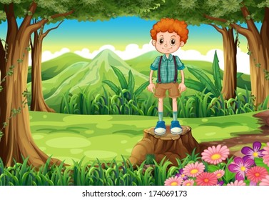 Illustration of a boy at the forest standing above the stump