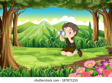 Illustration of a boy at the forest with a telescope