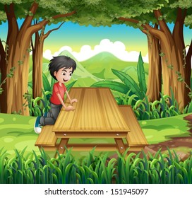 Illustration of a boy in the forest with a wooden table and bench