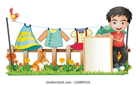 Illustration of a boy with a frame in front of the hanging clothes on a white background