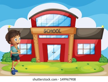 Ilustração de um menino em frente ao prédio da escola