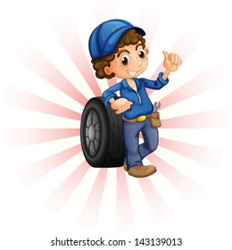 Illustration of a boy in front of a wheel with a blue cap on a white background