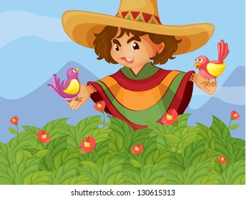 Ilustración de un niño en el jardín con dos pájaros