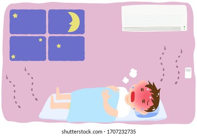 Illustration of a boy getting heat stroke without turning on the air conditioner