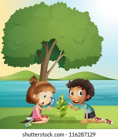 illustration of a boy and a girl in a beautiful nature