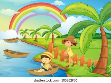 illustration of a boy and girl are boating