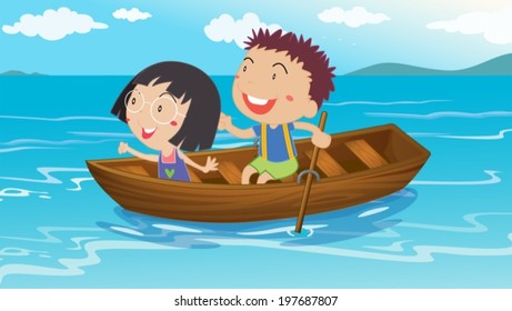 Illustration of a boy and a girl boating