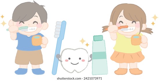 
Illustration of a boy and girl brushing their teeth and teeth