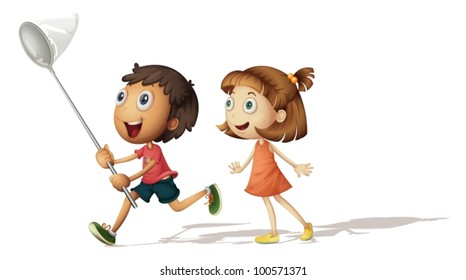 Illustration of a boy and girl with a butterfly net