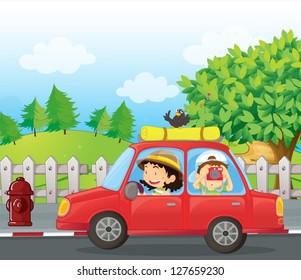 Illustration of a boy and a girl in a car