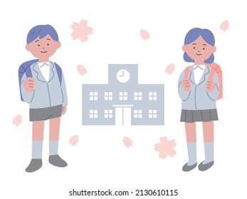 Illustration Of A Boy And A Girl Carrying A School Bag To Enter Elementary School