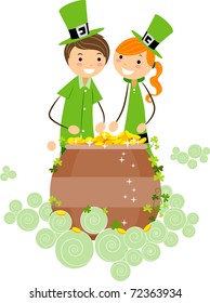 Illustration of a Boy and Girl Checking Out a Pot of Gold