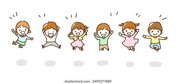 Illustration of a boy and a girl child happily jumping in a row.