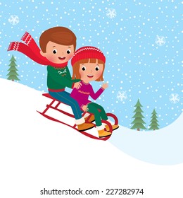 Illustration of boy and girl children sledding together/Kids sledding/Friends sledding down from a slope