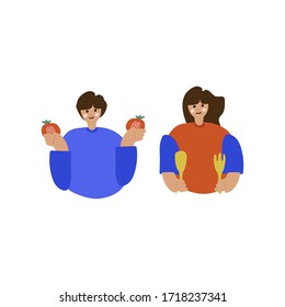 Illustration of a boy, a girl cooking. Freehand drawing illustrating the process of cooking food. Family drawing, children prepare to eat, vegetables, a spoon. Great for poster, menu
