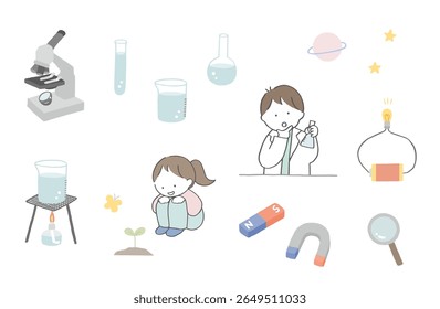 Illustration of a boy and girl doing a science experiment, illustration of a boy and girl studying chemistry, set of science experiment tools