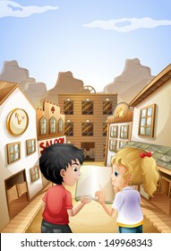 Illustration of a boy and a girl with an empty book talking near the saloon bars
