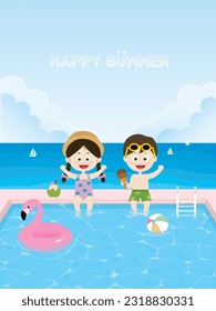 Illustration of a boy and a girl enjoying a summer vacation sitting in a pool. Children enjoying a vacation in Infinity Pool with a view of the sea