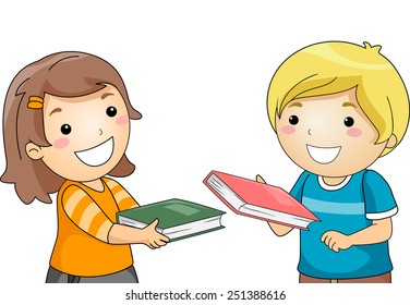 Illustration of a Boy and a Girl Exchanging Books