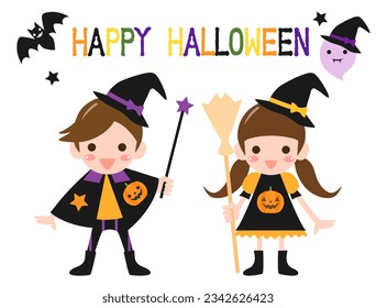 It is an illustration of a boy and a girl in fancy dress and a ghost. A card with the image of Halloween.