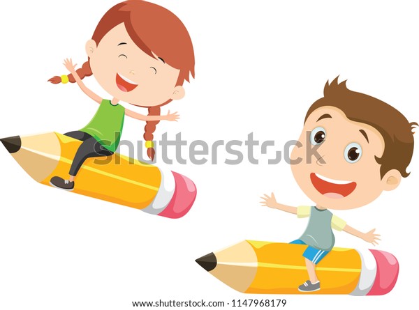 Illustration Boy Girl Flying On Pencil Stock Vector (Royalty Free ...