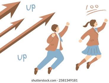An illustration of a boy and a girl flying towards their goal