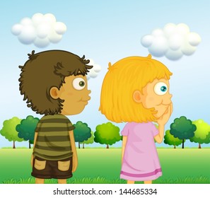 Illustration of a boy and a girl in front of the trees